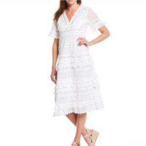 Reba Mixed Lace V-Neck Short Sleeve Tiered Dress.
